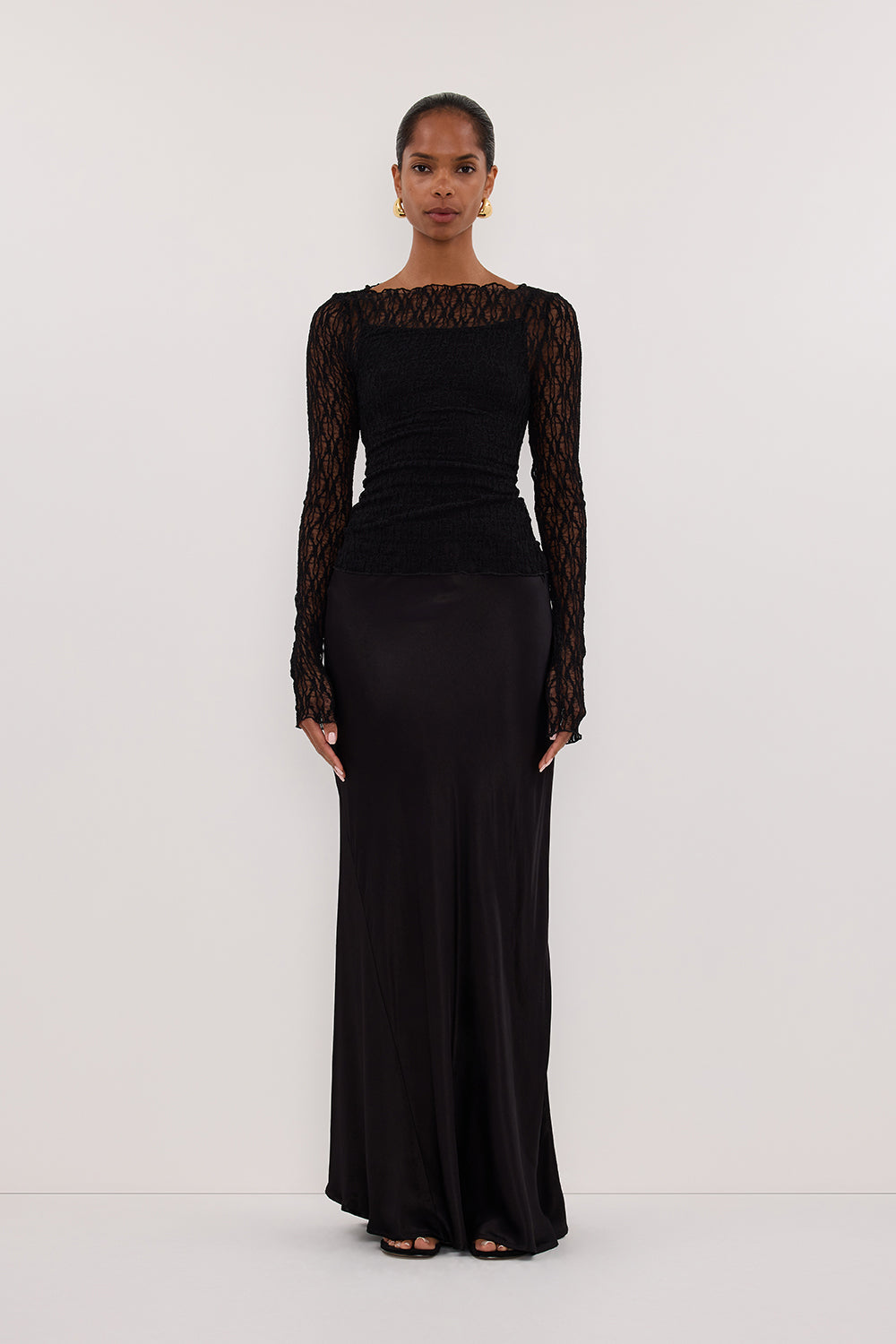 Black Lace Long Sleeve Top with Crew Neckline and Removable Slip Lining – Elegant Women's Fashion Top 1