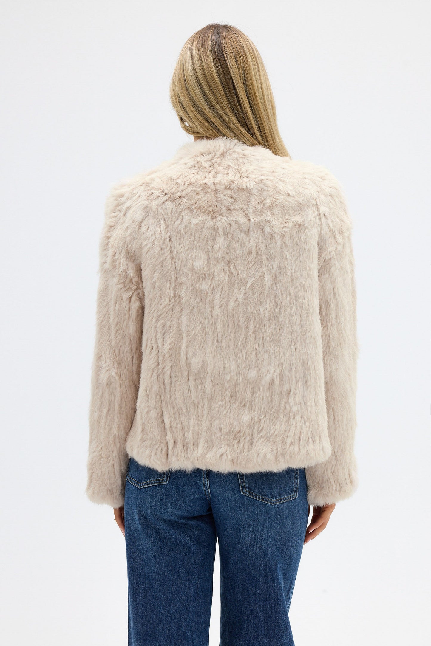 Emma Jacket - Handmade Upcycled Rabbit Fur, Open Front Design, Short Front Longer Back, Lightweight and Versatile Outerwear in Oatmeal 3