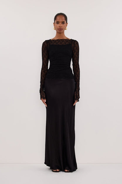 Black Lace Long Sleeve Top with Crew Neckline and Removable Slip Lining – Elegant Women's Fashion Top 1