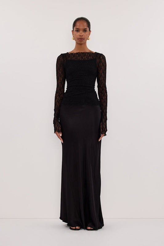 Black Lace Long Sleeve Top with Crew Neckline and Removable Slip Lining – Elegant Women's Fashion Top 1