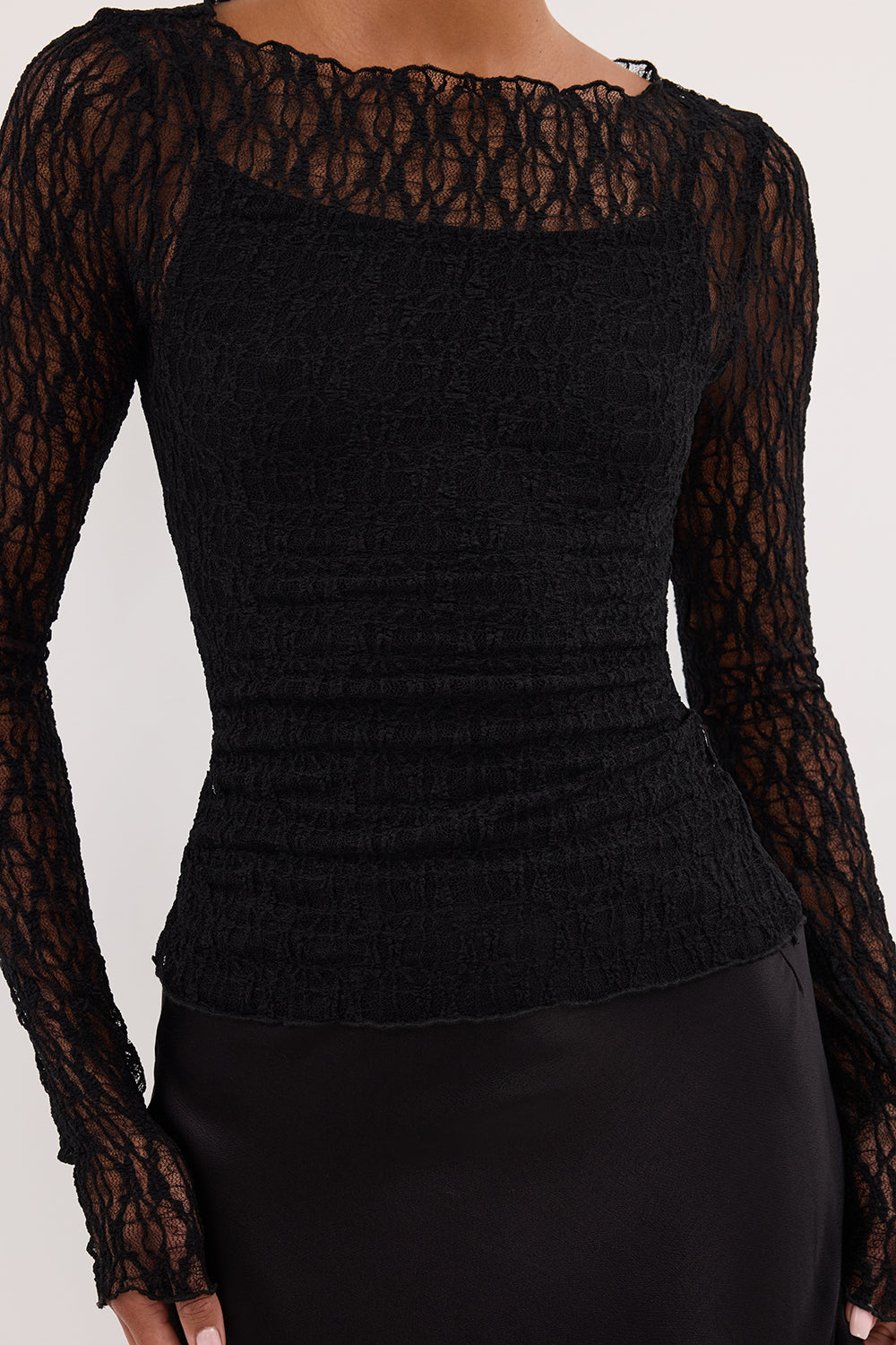Black Lace Long Sleeve Top with Crew Neckline and Removable Slip Lining – Elegant Women's Fashion Top 5