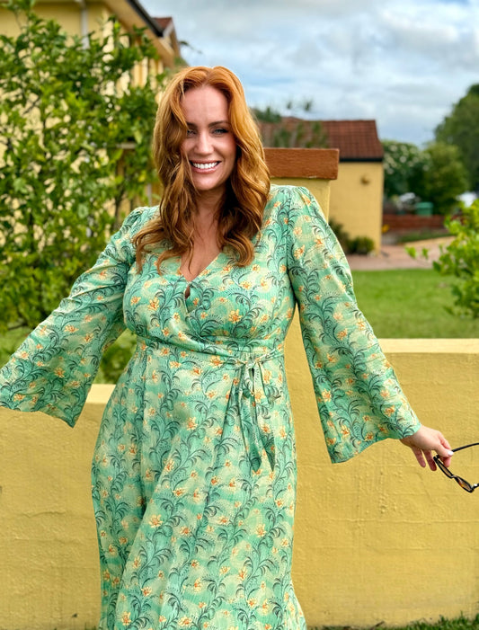 Elegant Midi Wrap Dress in Eden Print - Sustainable Cotton and Viscose Crepe with Flared Sleeves and Adjustable Ties 1