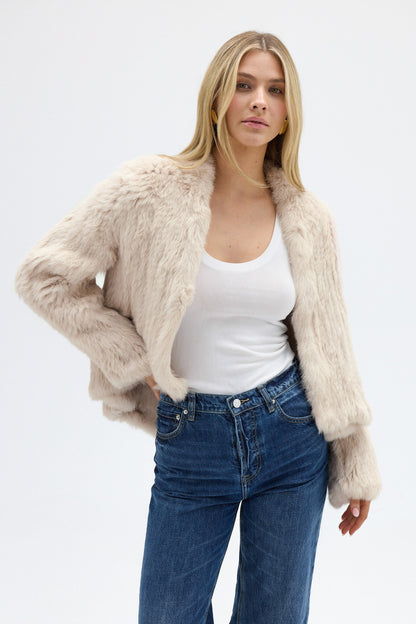 Emma Jacket - Handmade Upcycled Rabbit Fur, Open Front Design, Short Front Longer Back, Lightweight and Versatile Outerwear in Oatmeal 0