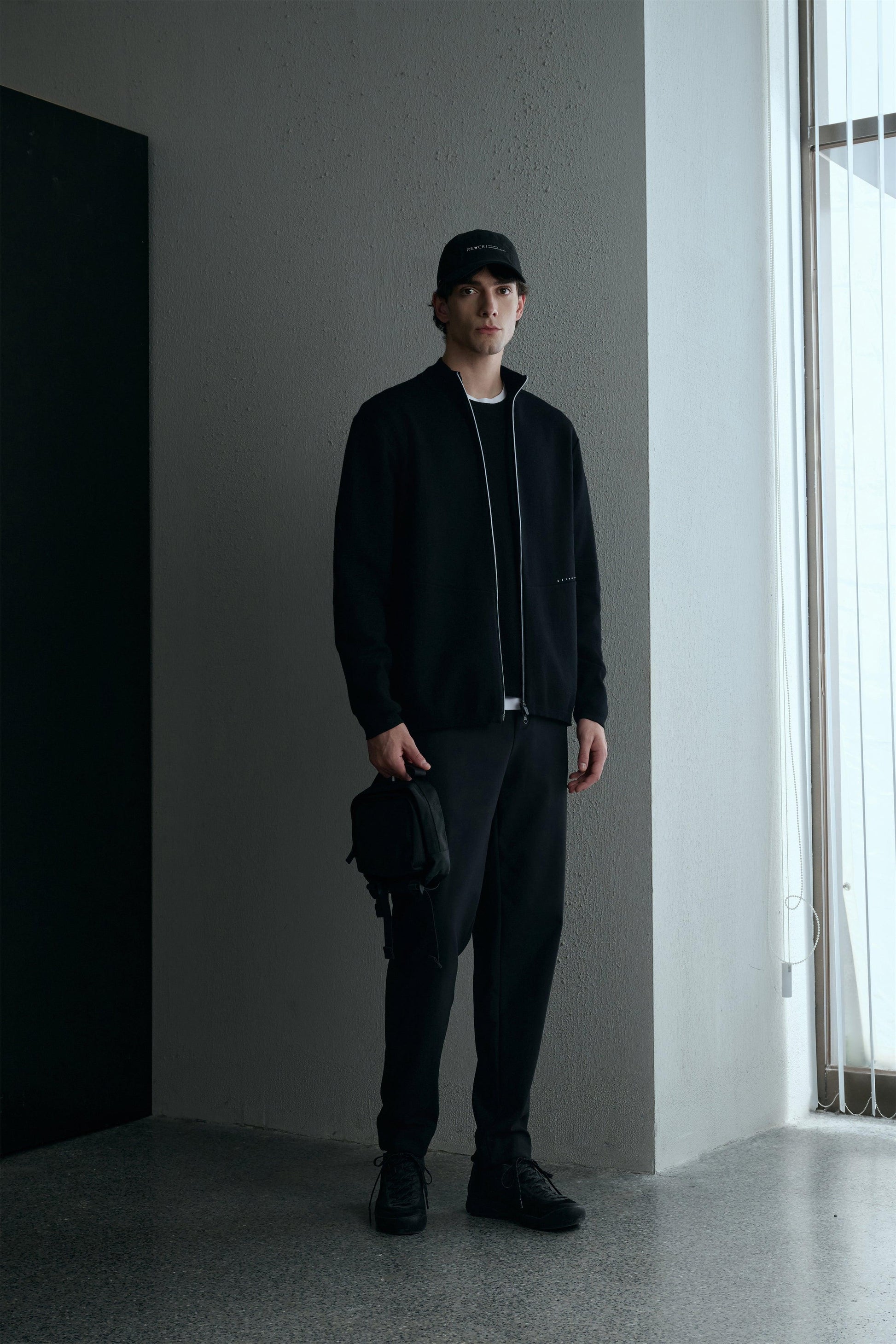 Men's Black Zipper Jacket - Regular Fit Polyester Winter Jacket with Stand Collar and Long Sleeves 0