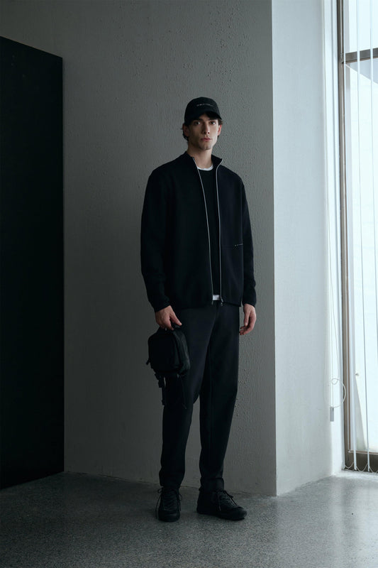 Men's Black Zipper Jacket - Regular Fit Polyester Winter Jacket with Stand Collar and Long Sleeves 0