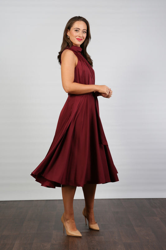 Ruby Satin Midi Dress with Roll Neck and Self-Tie Waistband – Elegant Sleeveless Occasion Dress 0