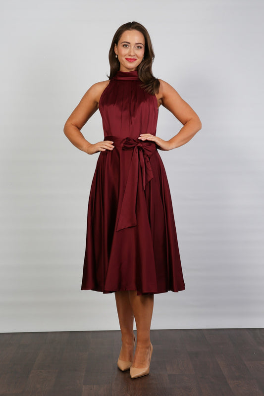 Ruby Satin Midi Dress with Roll Neck and Self-Tie Waistband – Elegant Sleeveless Occasion Dress 1