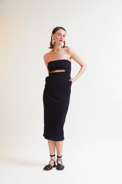 Strapless Black Cocktail Dress with Side Pockets and Back Split – Eco-Friendly Midi Party Dress for Weddings and Special Events 6