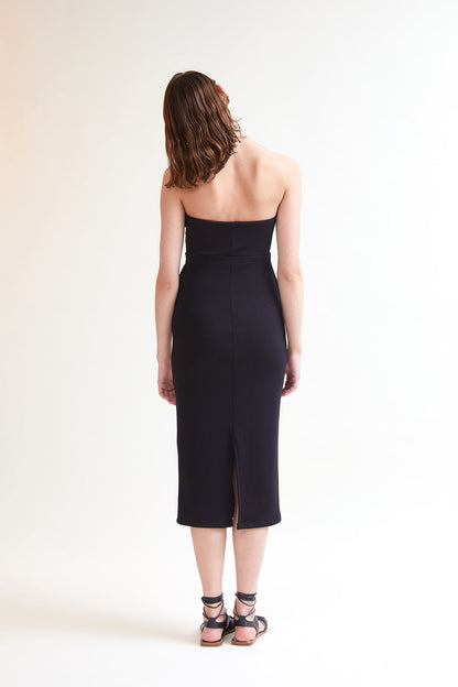 Strapless Black Cocktail Dress with Side Pockets and Back Split – Eco-Friendly Midi Party Dress for Weddings and Special Events 8